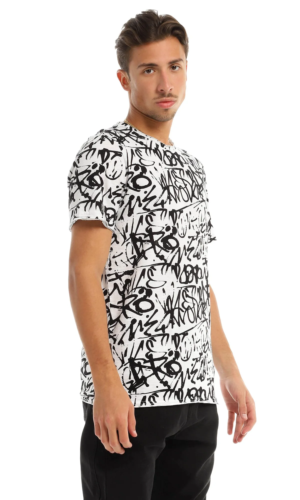 97177 Cool Self Patterned Crew Neck Black & White T-Shirt