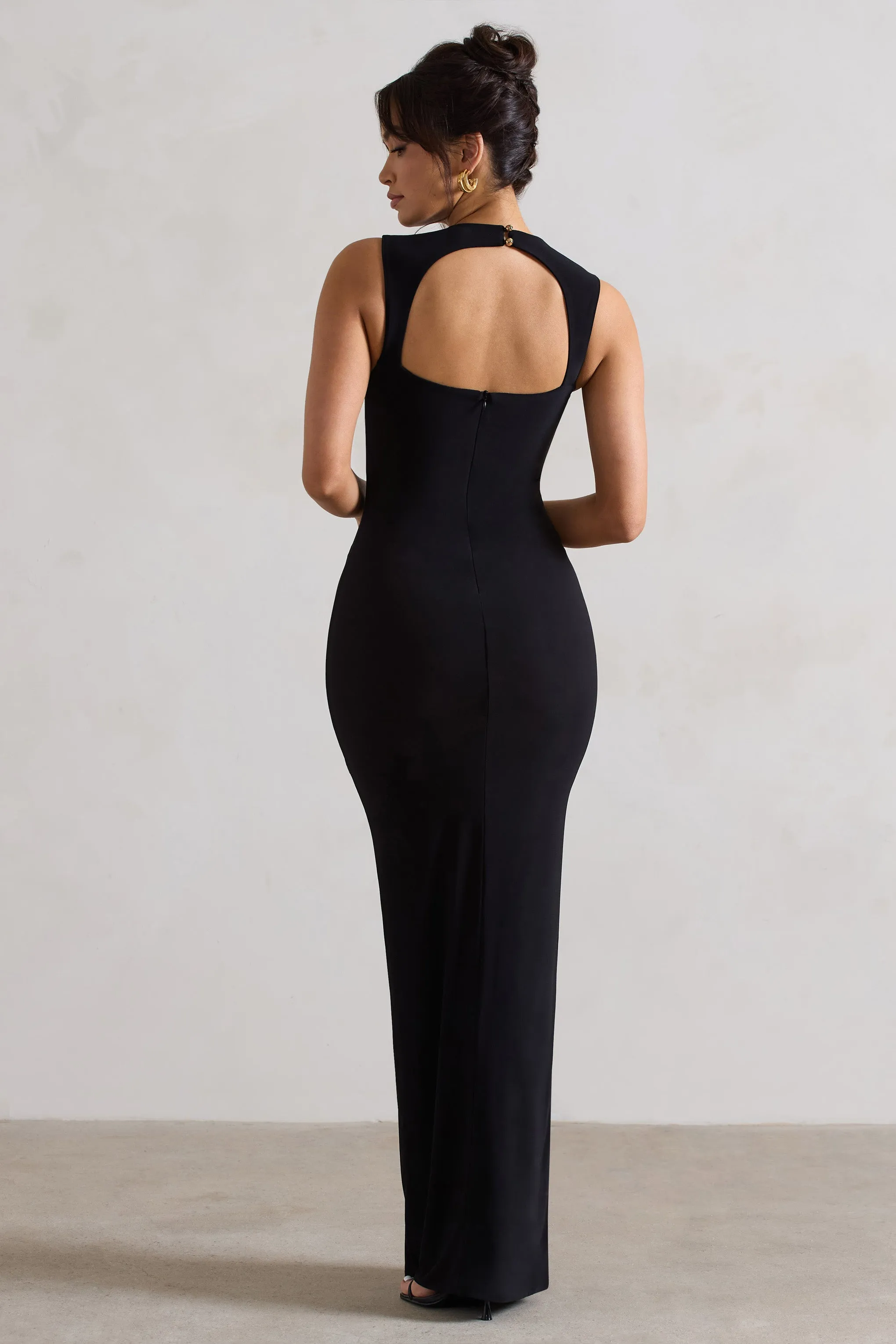 Alexa | Black High-Neck Gathered Maxi Dress With Drape