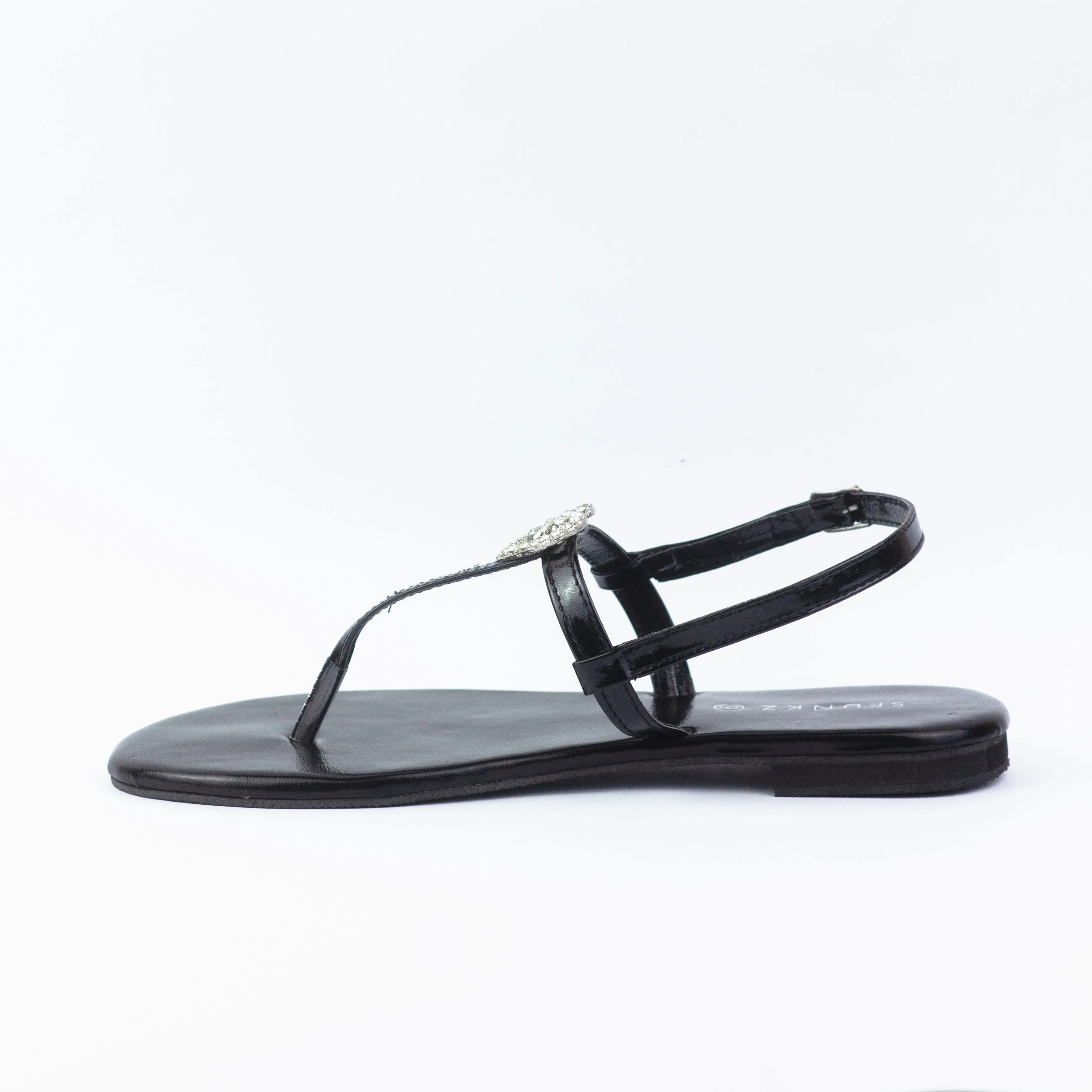 Anya Metallic Black T-Strap Flat Flip Flop Thong Sandals