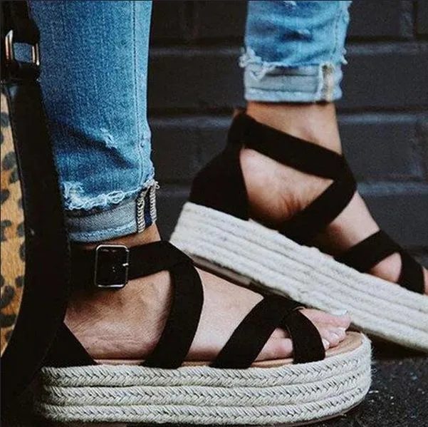 Chicvane Criss Cross Straps Espadrille Platform Sandals with Buckle