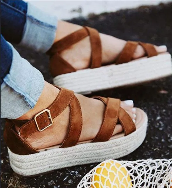 Chicvane Criss Cross Straps Espadrille Platform Sandals with Buckle