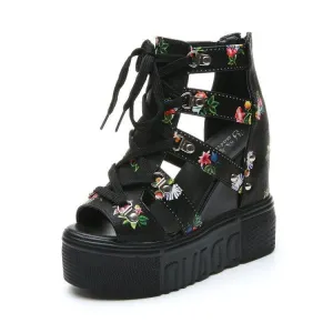 Chicvane Floral Criss Cross Lace Up Roman Shoes Platform Sandals