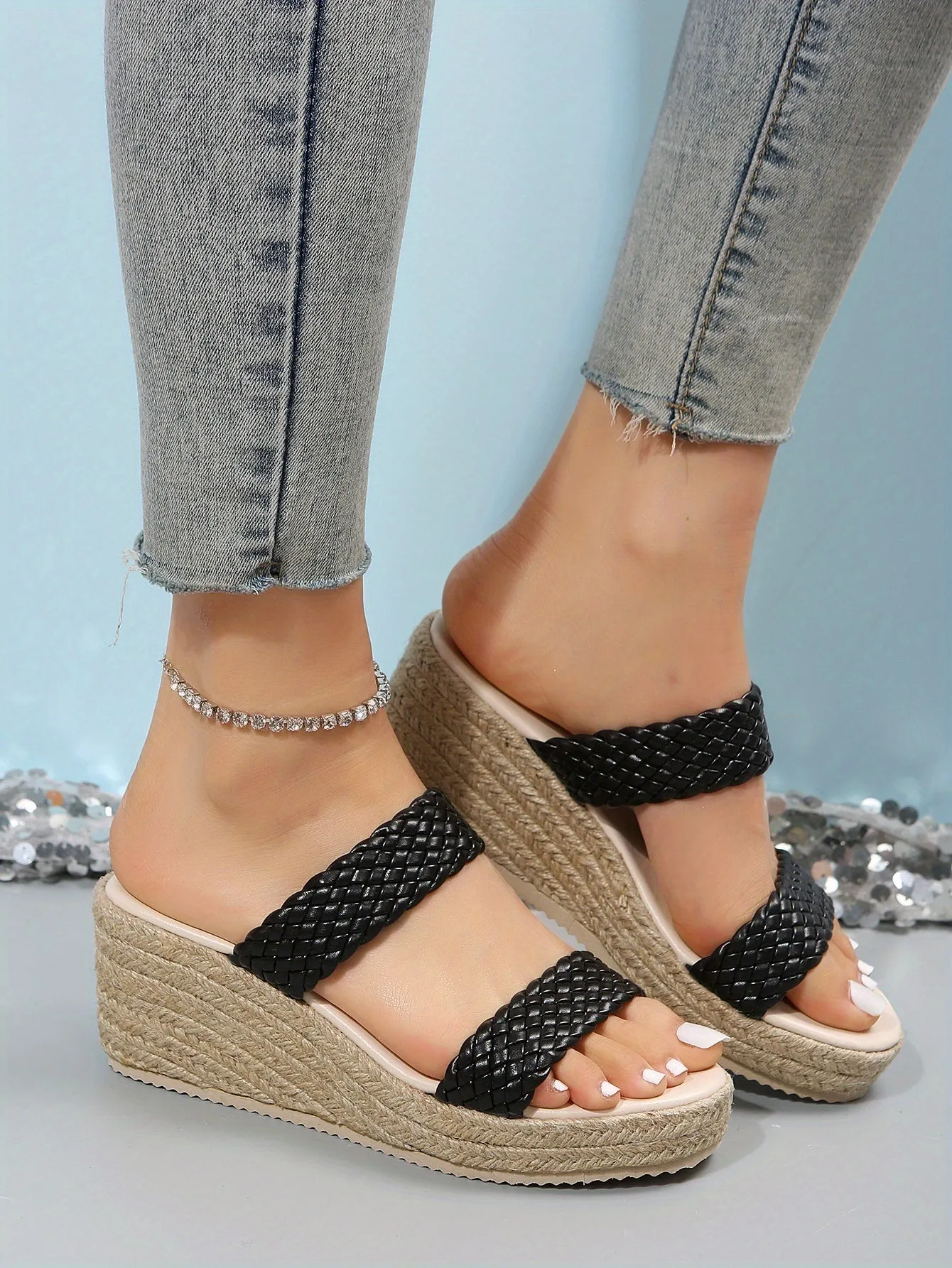 elveswallet Double Strap Open Toe Espadrilles Wedge Sandals