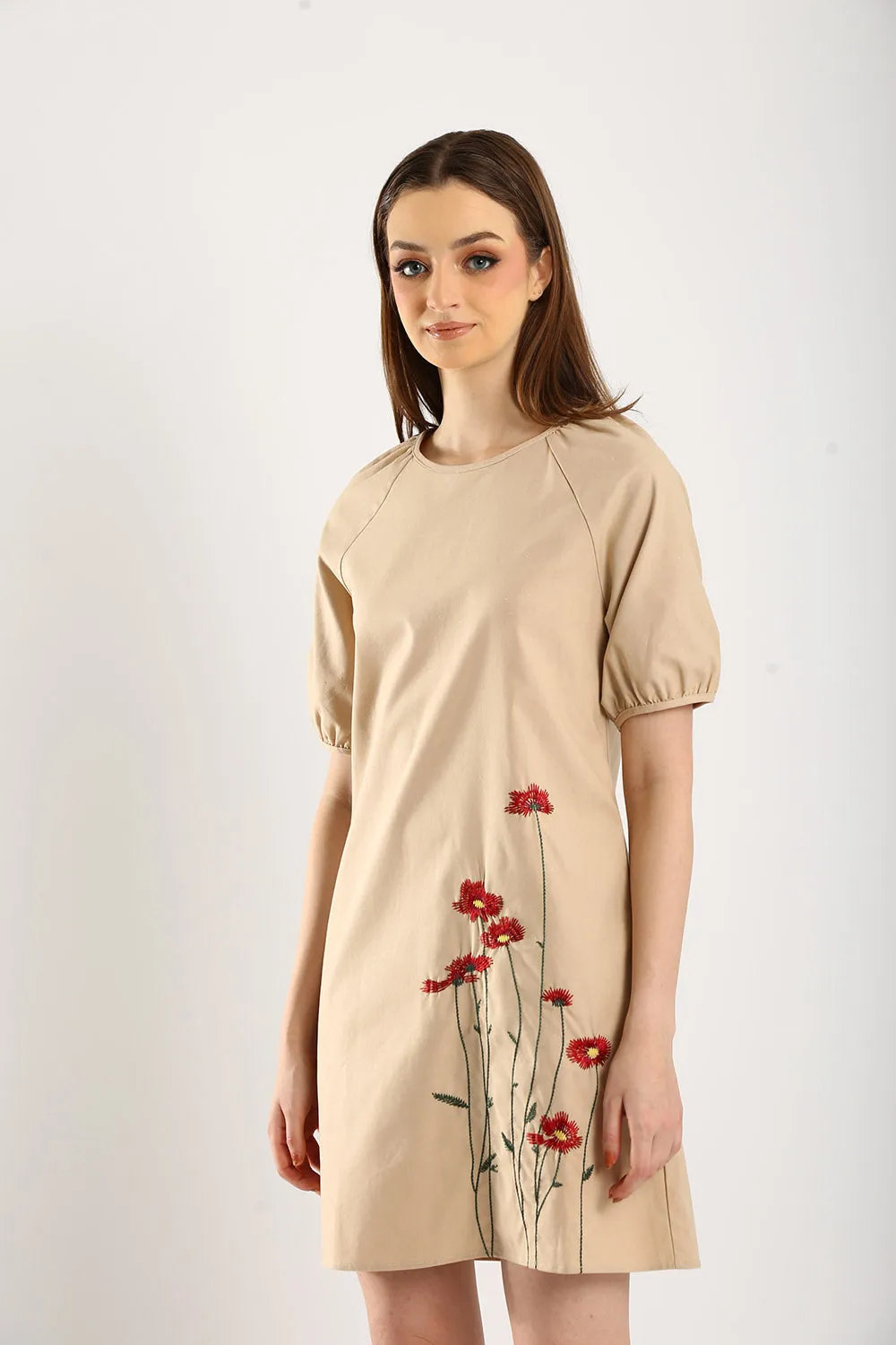 Embroidered Linen Shift Dress in Light Khakis