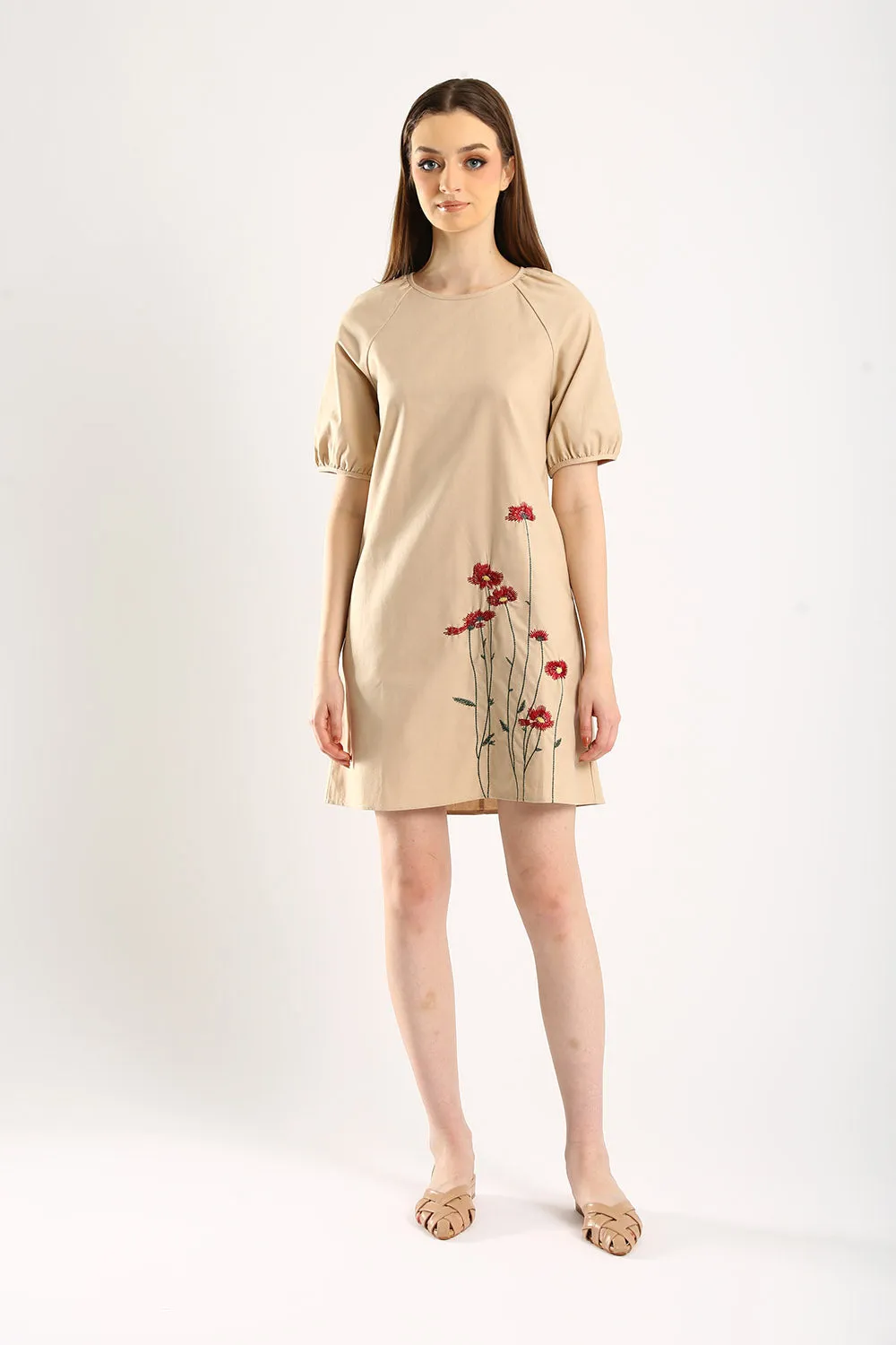 Embroidered Linen Shift Dress in Light Khakis