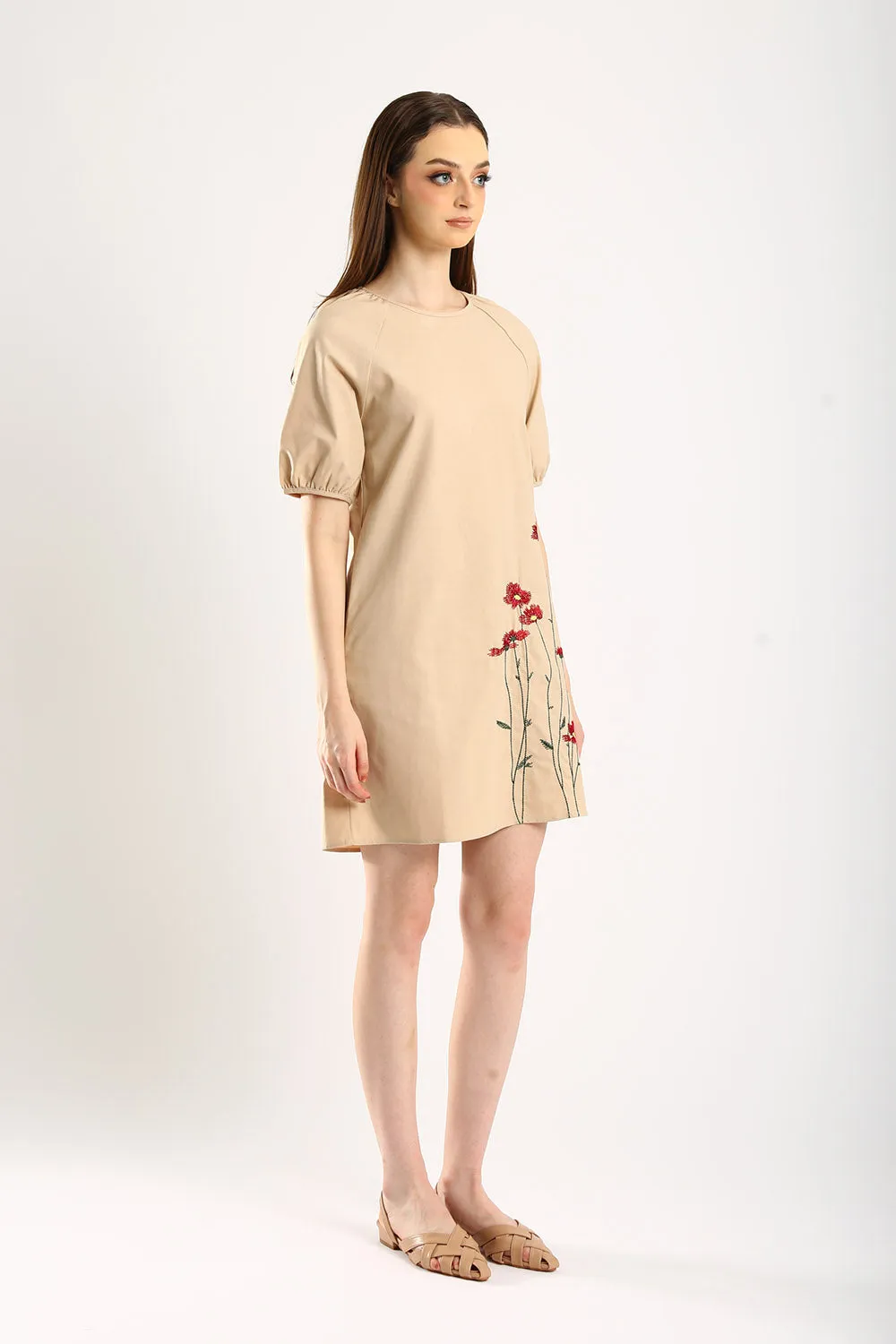 Embroidered Linen Shift Dress in Light Khakis