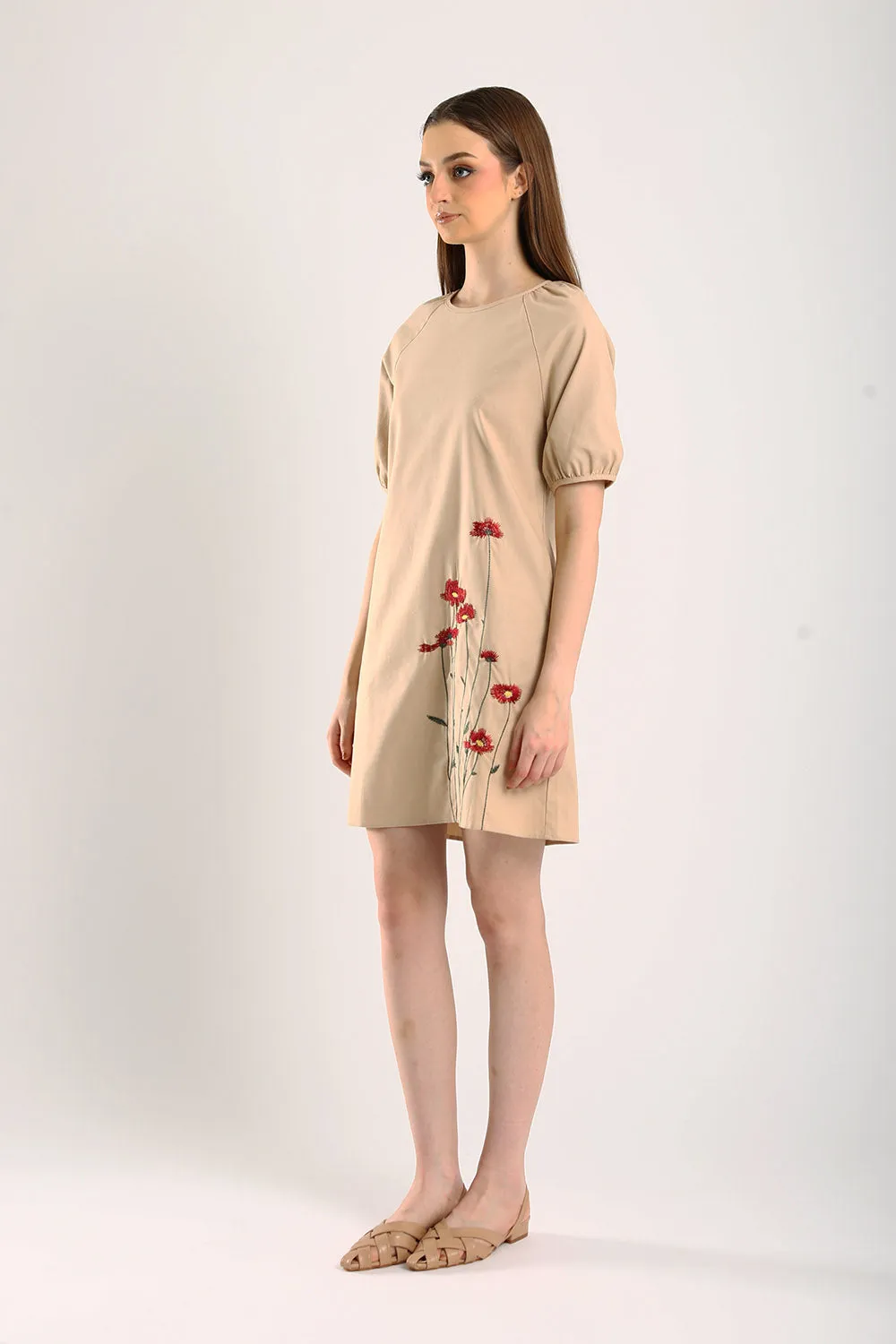 Embroidered Linen Shift Dress in Light Khakis