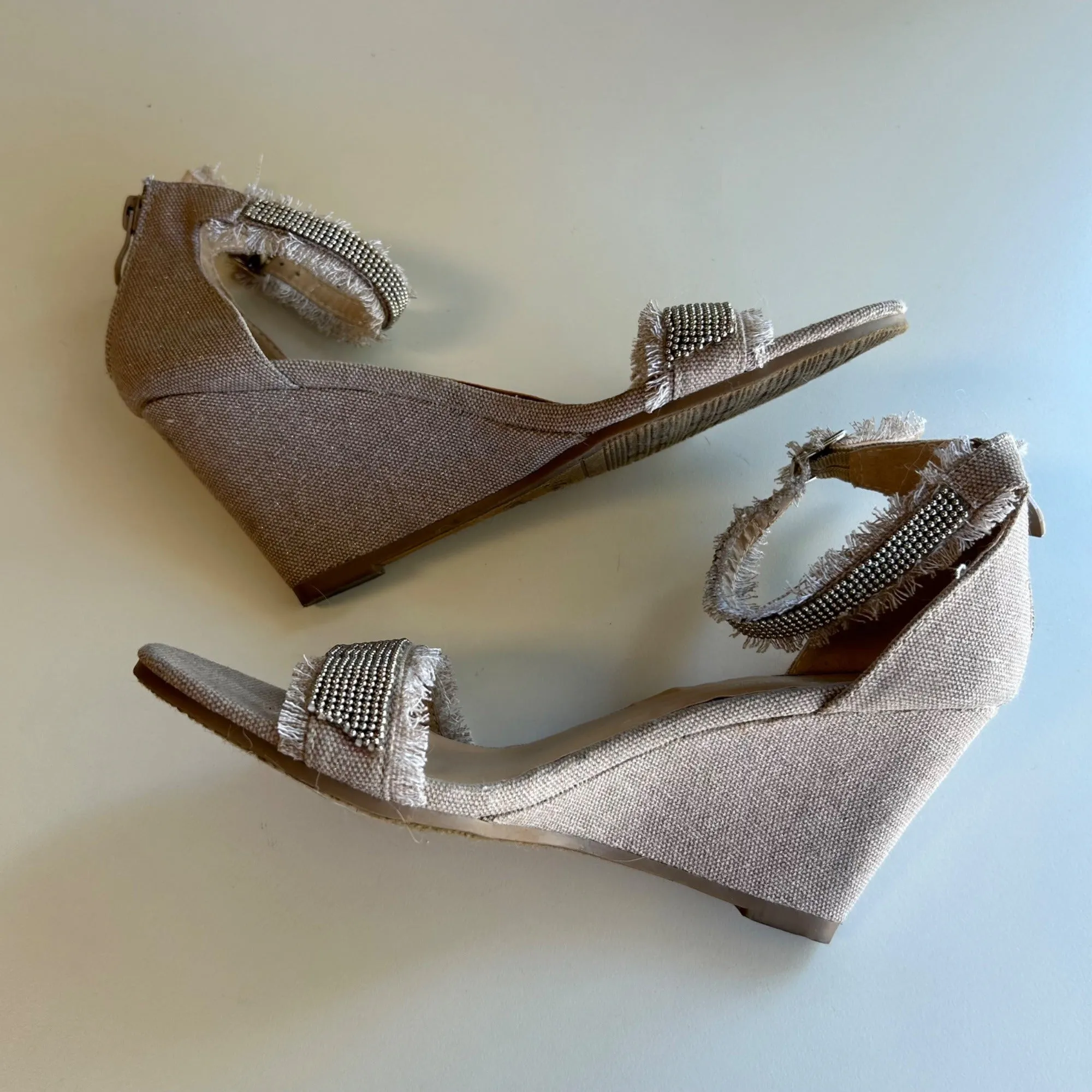 Forever Frayed Beige Wedge Sandals With Rhinestone Ankle Strap Women's Size 7.5