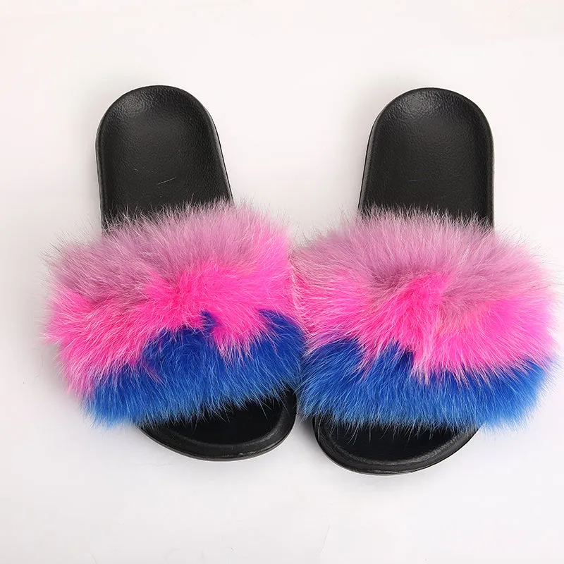 fur slides for women REAL BIG FURRY slippers flush soft raccoon outdoor slider sandals fox fur slipper