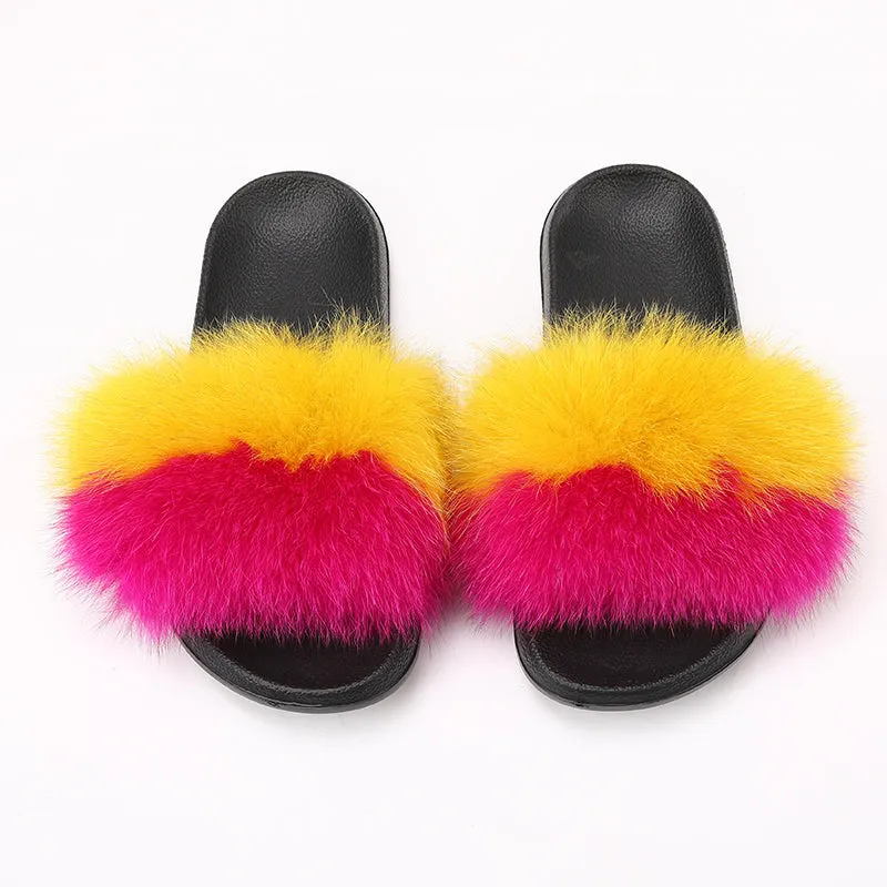 fur slides for women REAL BIG FURRY slippers flush soft raccoon outdoor slider sandals fox fur slipper