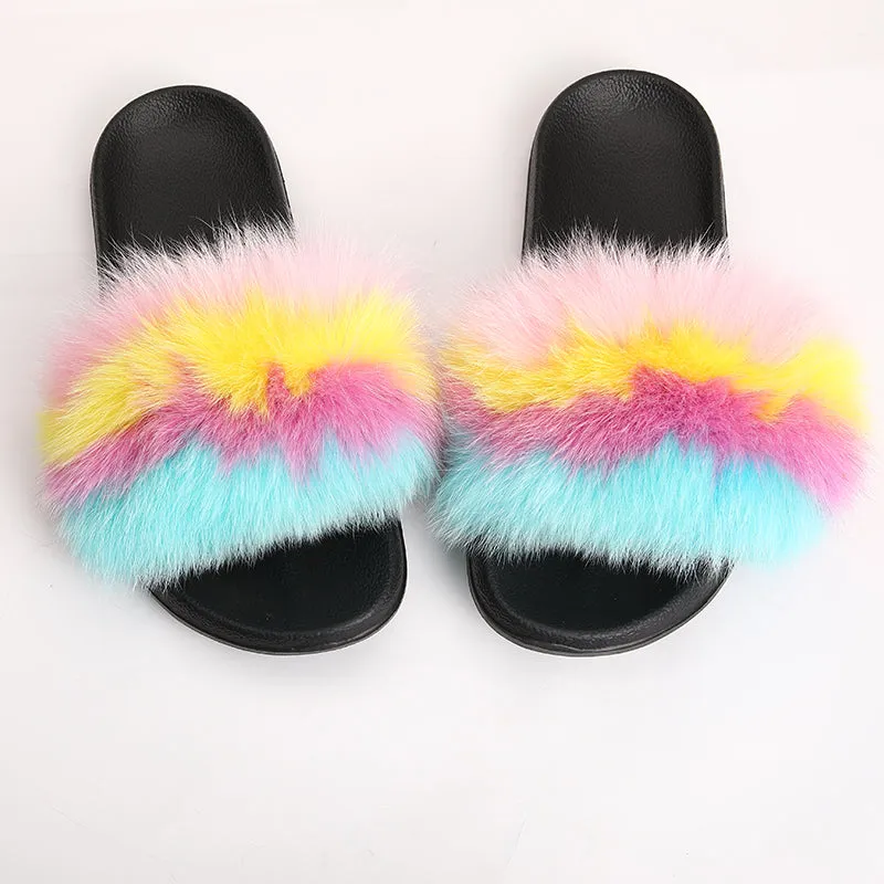 fur slides for women REAL BIG FURRY slippers flush soft raccoon outdoor slider sandals fox fur slipper