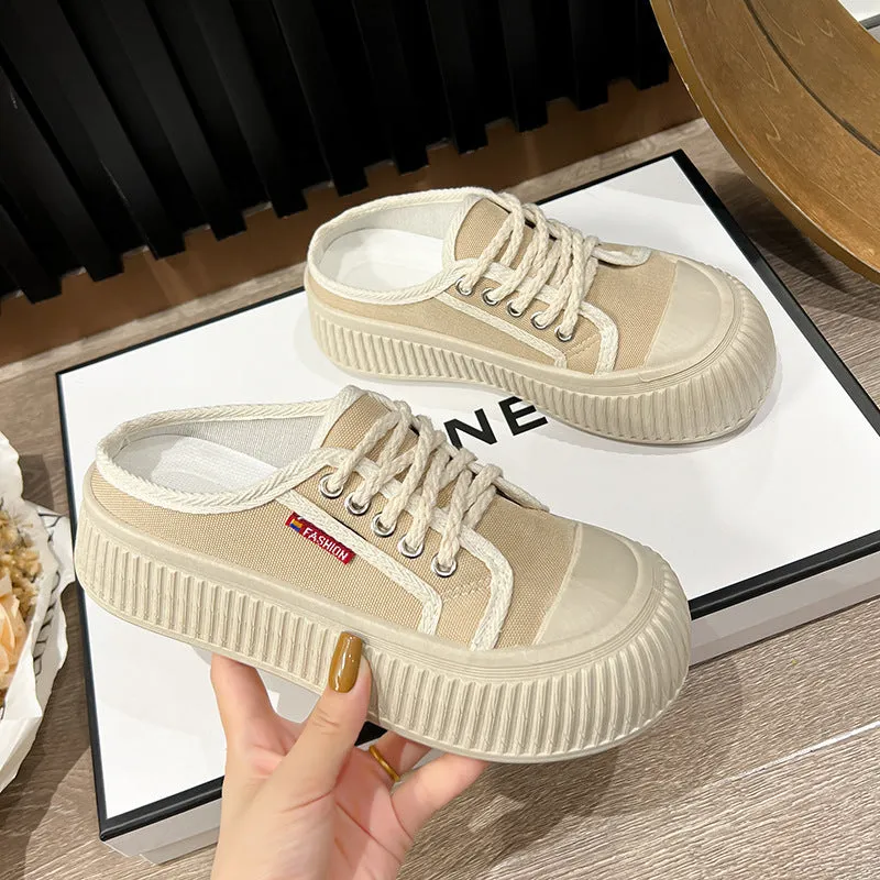 kamames Classic White Shoes New  Summer Students Breathable Semi Slippers Canvas Shoes Comfortable Slip-on Biscuit Shape Shoes Wholesale