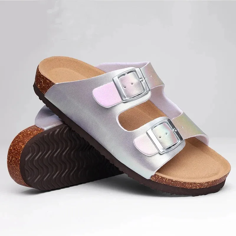 Pallene Fashion Cork Clogs Slippers Women Summer Flat Cork Sandals Female Summer Beach Shoes With Buckle Gradient Classic Slides