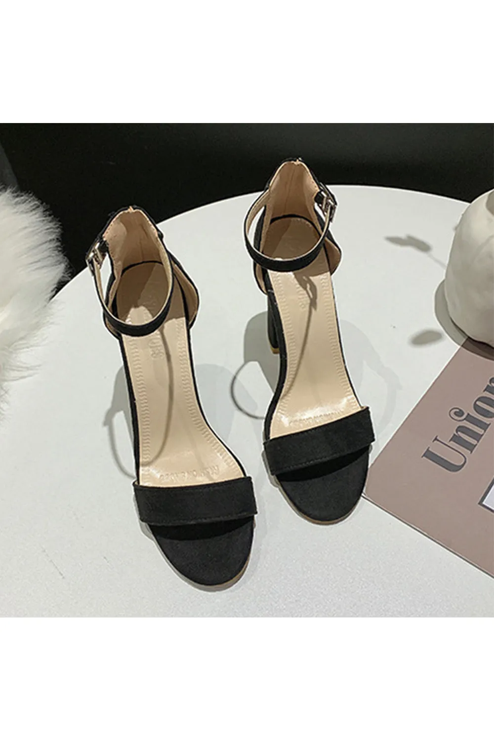 Party Suede Peep Toe Chunky Heel Evening Shoes With Buckle Ankle Strap