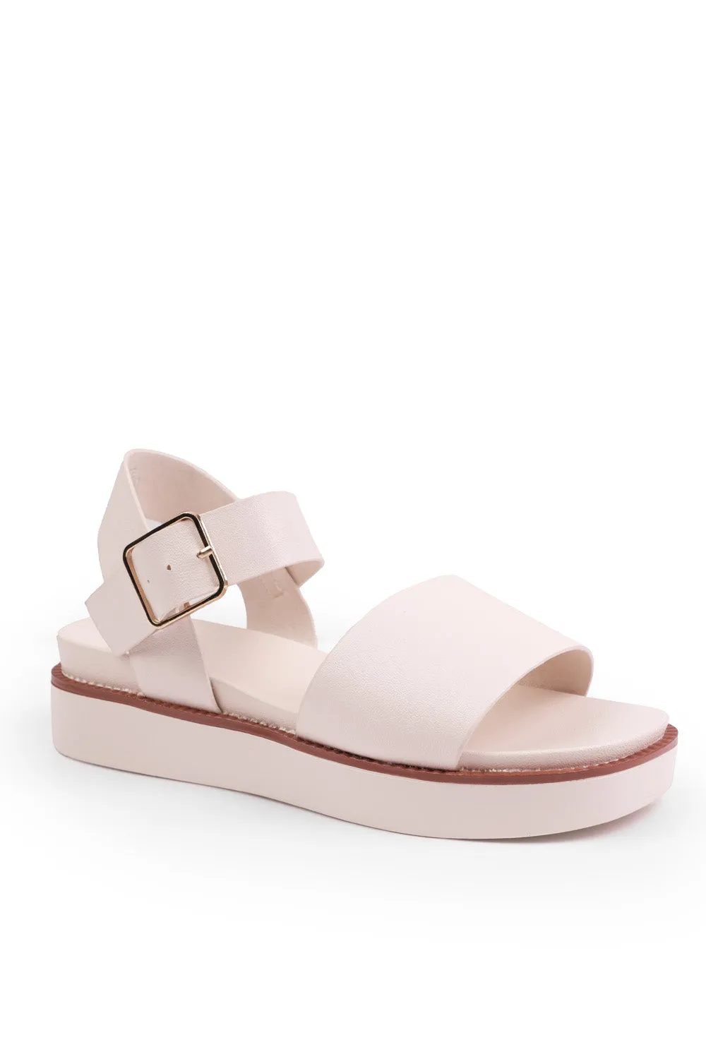 PHOENIX CLASSIC FLAT SANDALS WITH STRAP AND BUCKLE DETAIL IN CREAM FAUX LEATHER