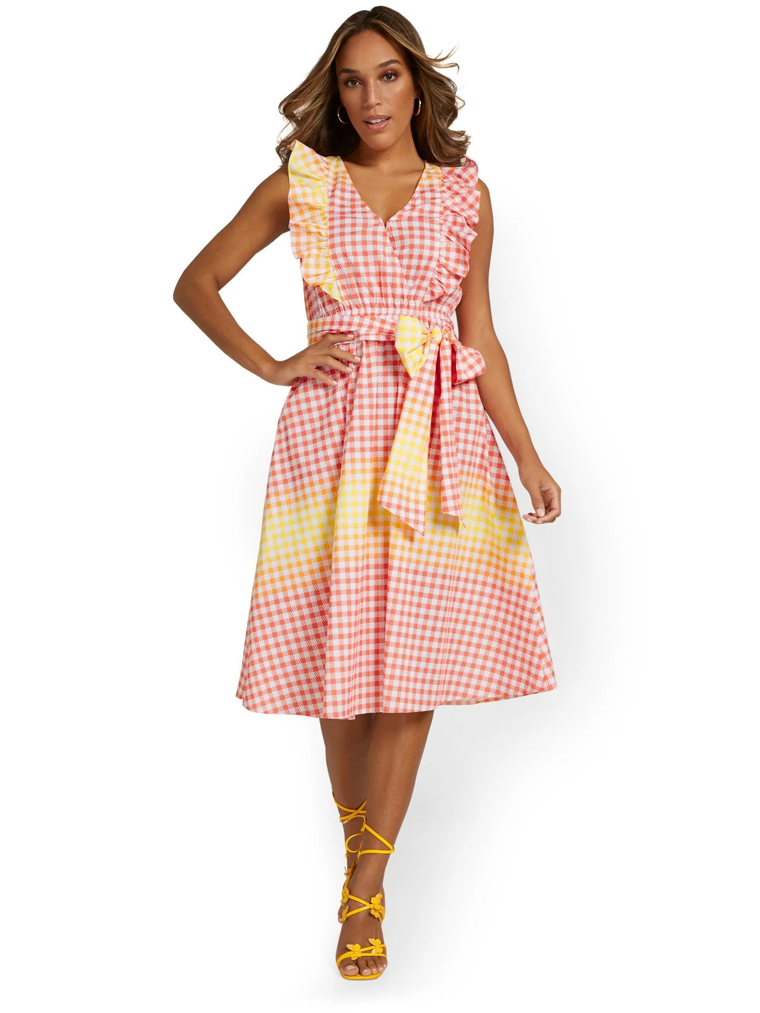 Ruffle-Front Gingham Midi Dress