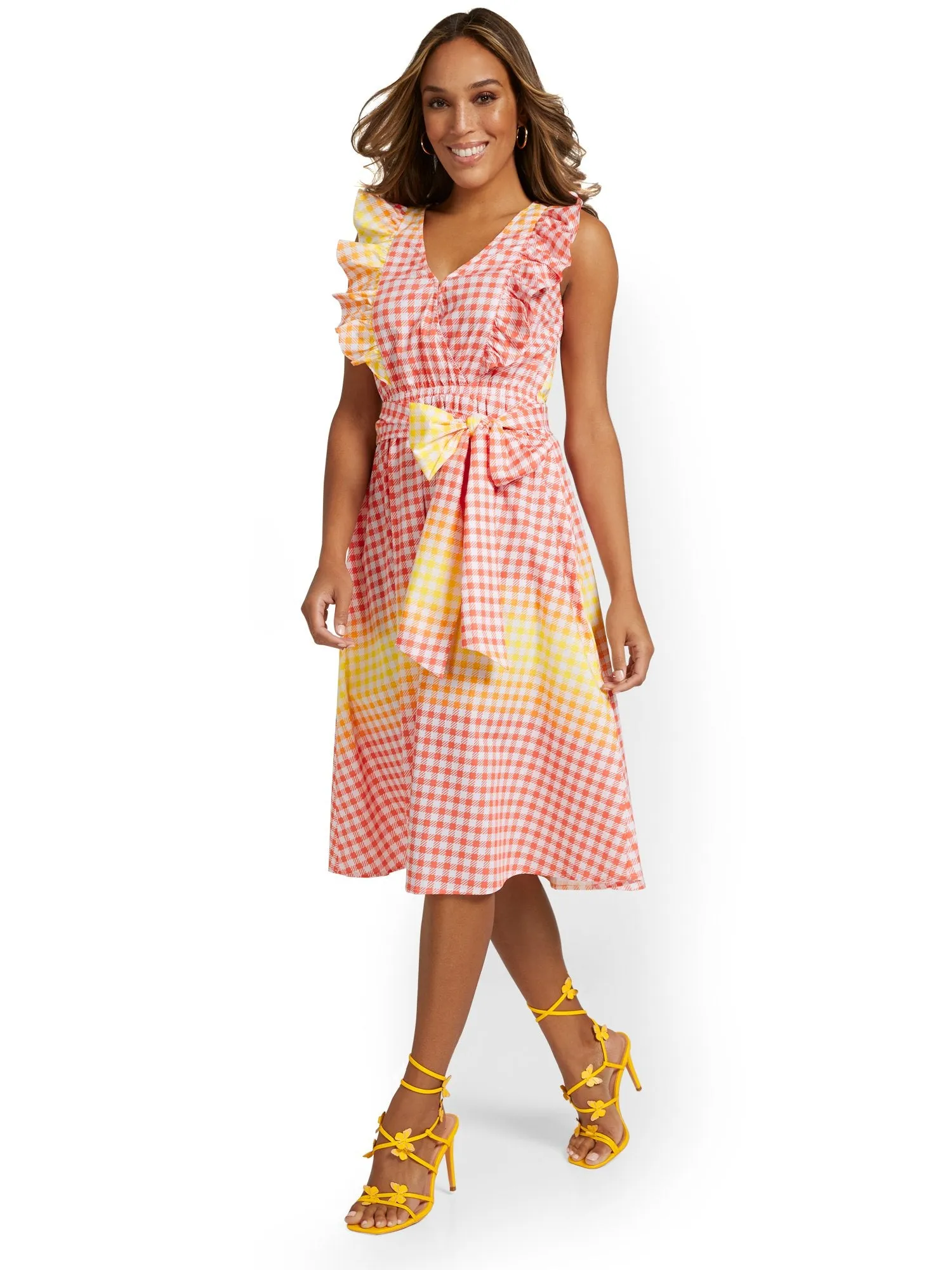 Ruffle-Front Gingham Midi Dress