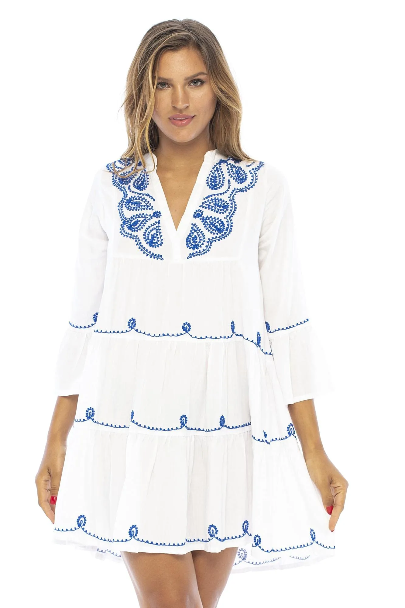 Short Flowy Boho Print Dress with Embroidered V Neck