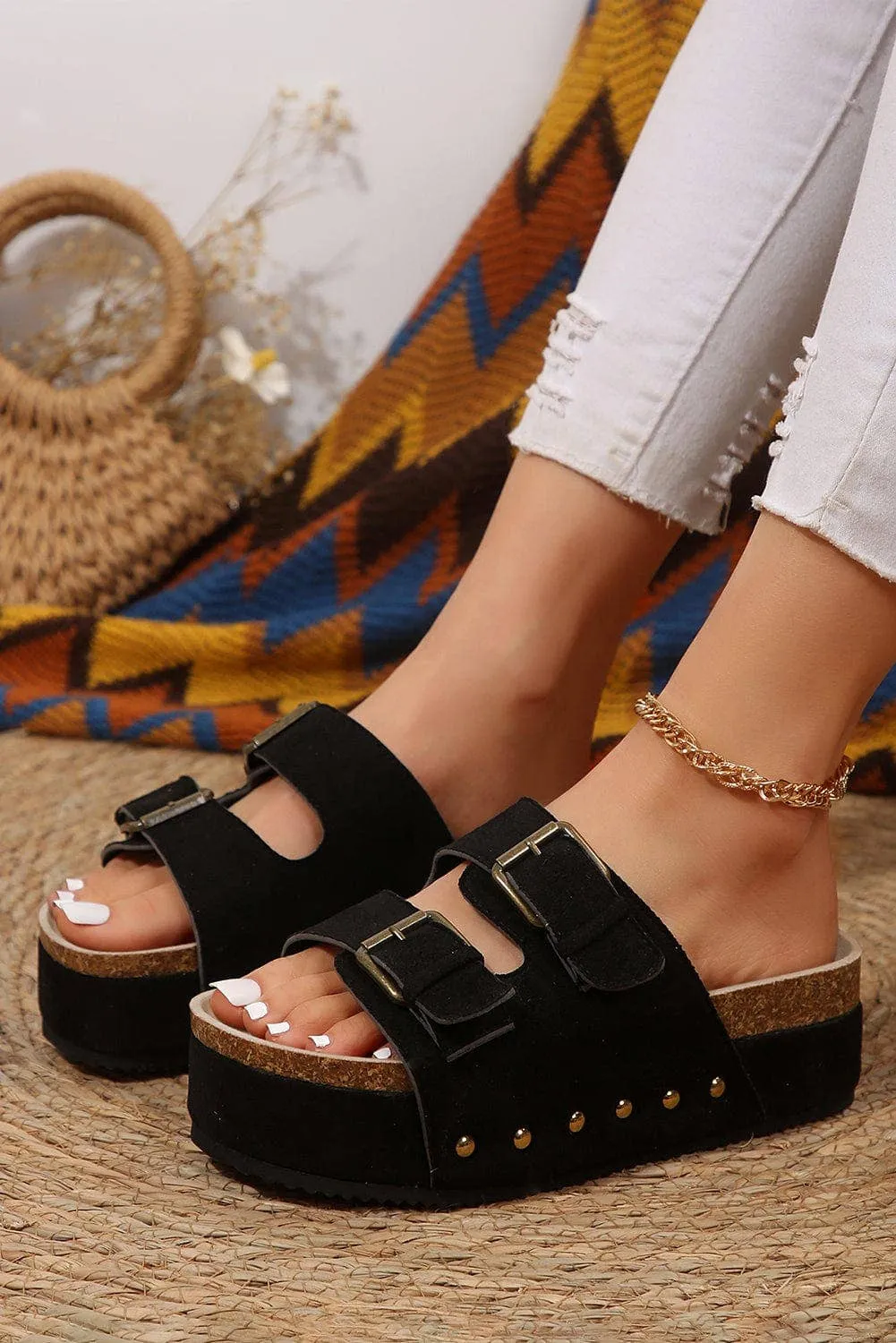 Suede Buckle Platform Sandals: Beige