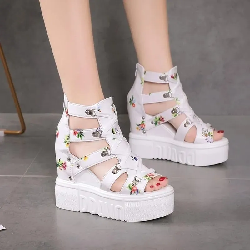 Women Floral Graphic Lace-Up Front Wedge Summer Sandals