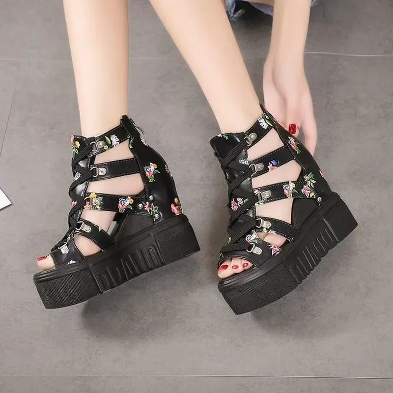 Women Floral Graphic Lace-Up Front Wedge Summer Sandals