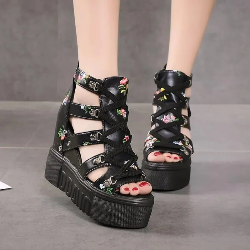 Women Floral Graphic Lace-Up Front Wedge Summer Sandals