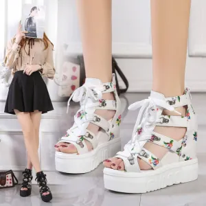 Women Floral Graphic Lace-Up Front Wedge Summer Sandals