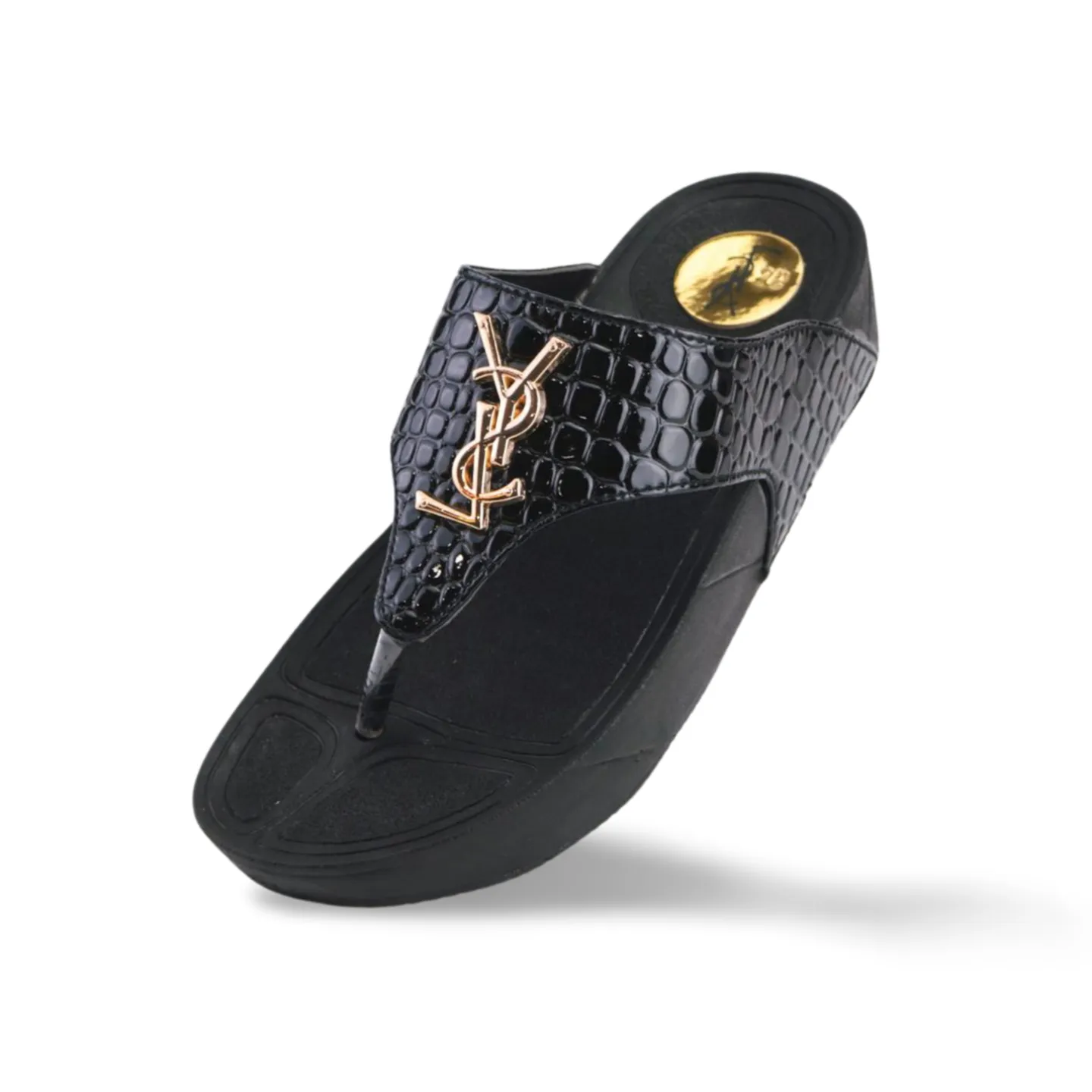 Women's Black Flip Flop Wedge Sandals with Gold YSL Logo