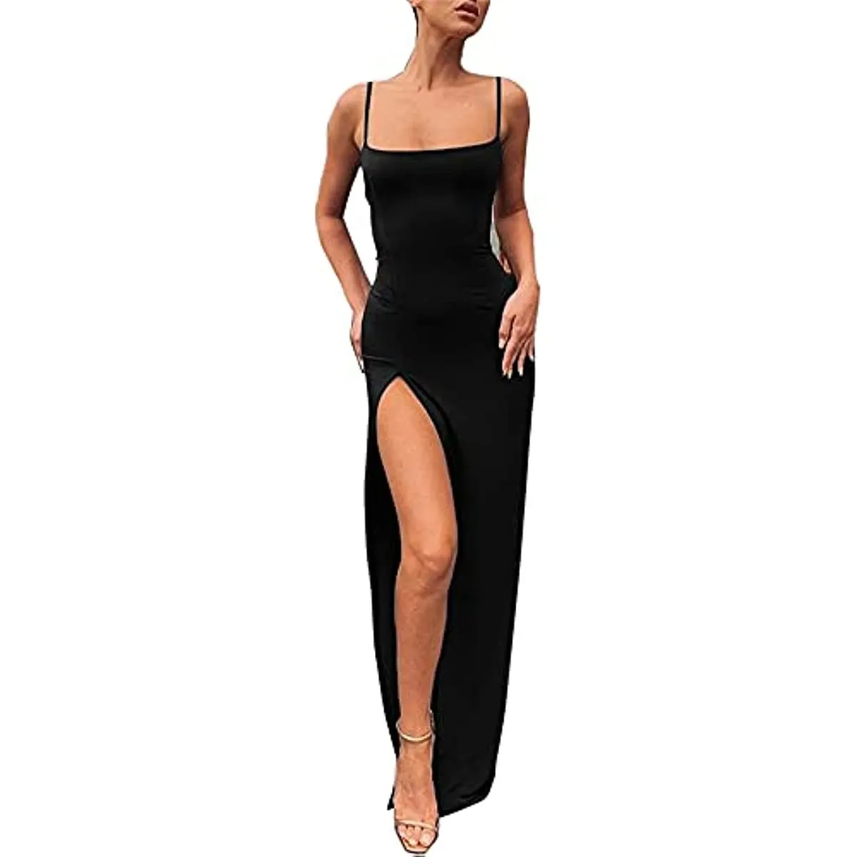 Women's Spaghetti Strap Backless Thigh-high Slit Bodycon Maxi Long Dress Club Party Dress